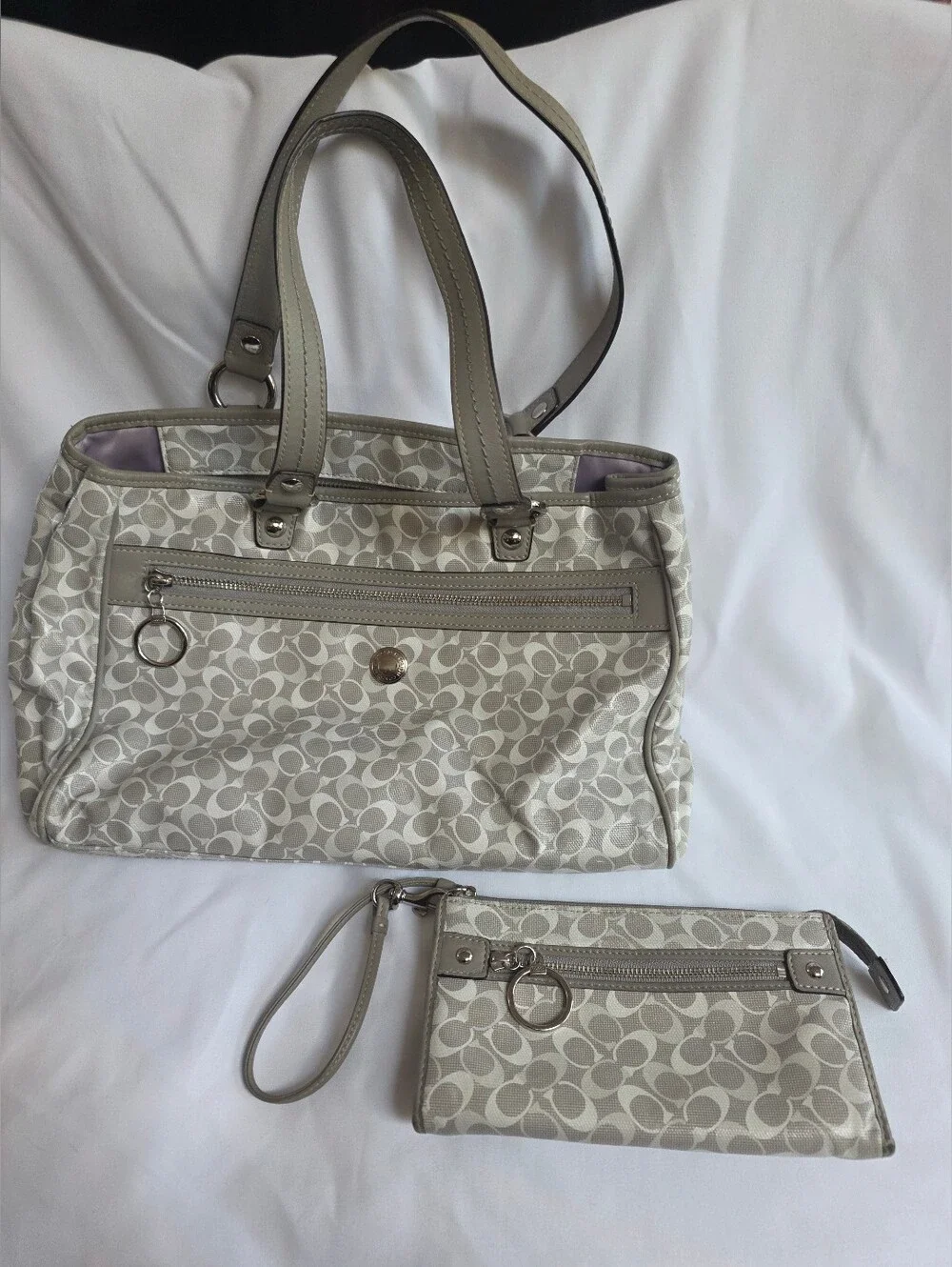 Coach Signature Gray Leather Tote Bag & Matching Wristlet Purse Set